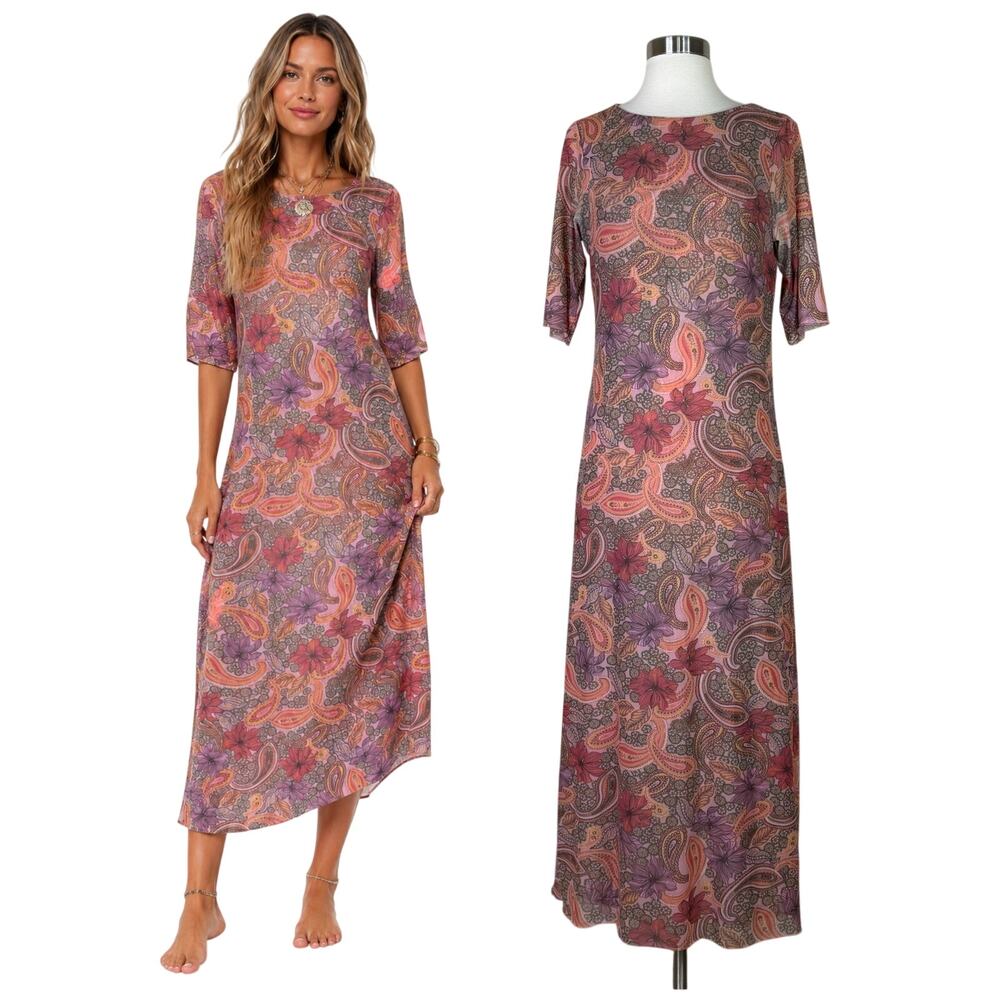 Johnny Was | Haley Mesh Paisley Floral Boho Pink Purple Designer Midi Dress M